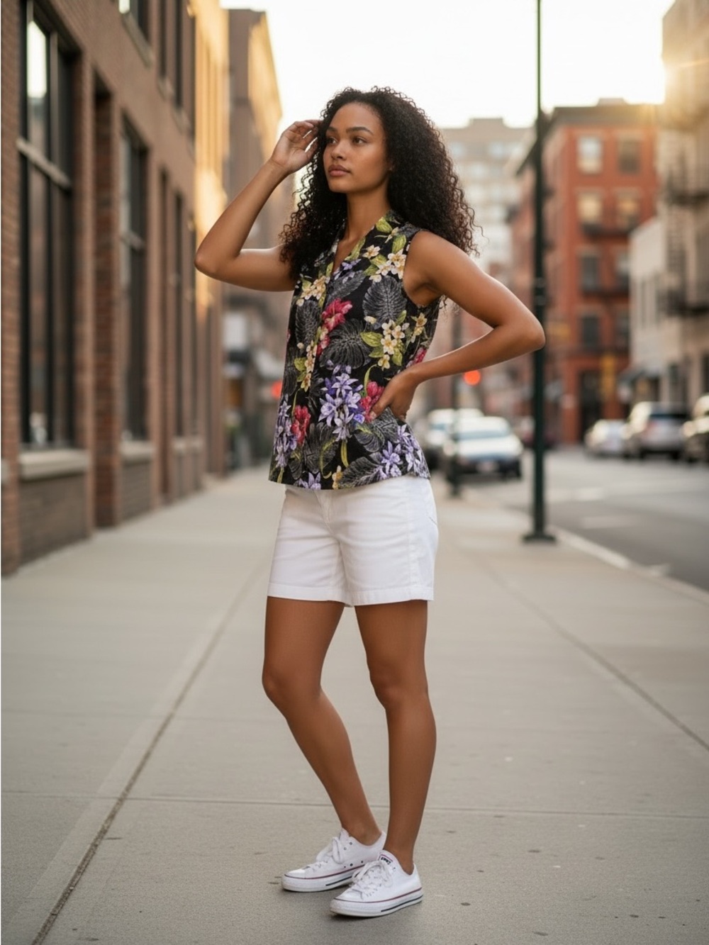 Colorful Sleeveless Floral Button Front Top Black Multi. Arm to arm 20” Hem 22”